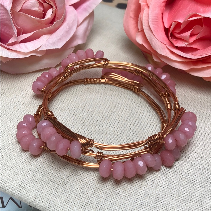 Pink Quartz Handmade Boho Copper Wire Bangle Set